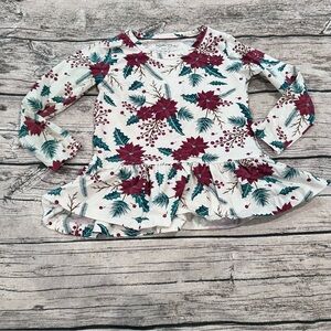 Ruffle Butts Red and White Long Sleeve Tee Poinsettia Pattern w/ Peplum Size 4t